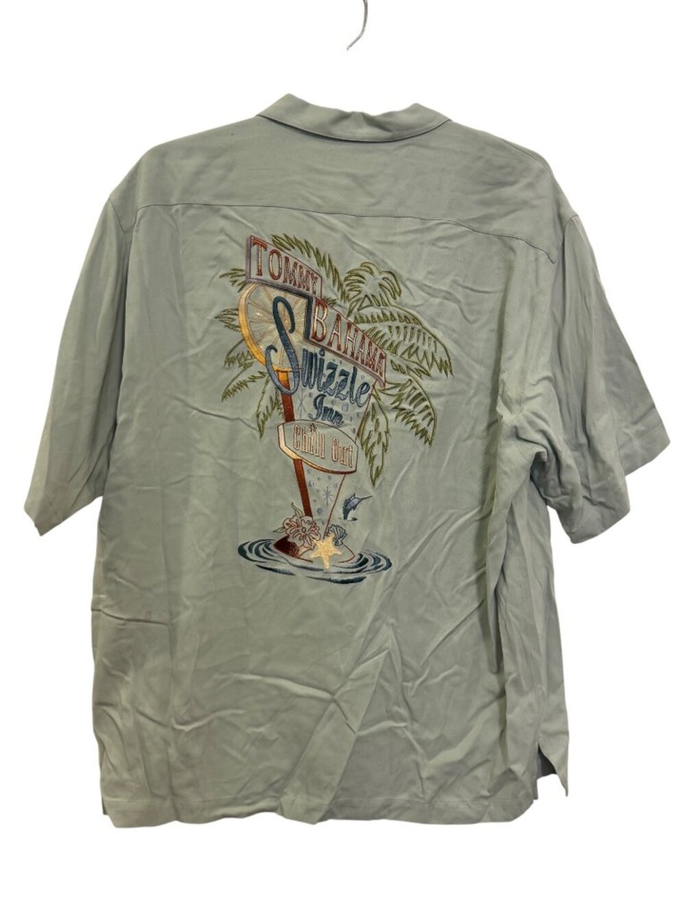 Tommy Bahama Mens Silk Camp Shirt Green Large Embroidered Swizzle Inn Chill Out